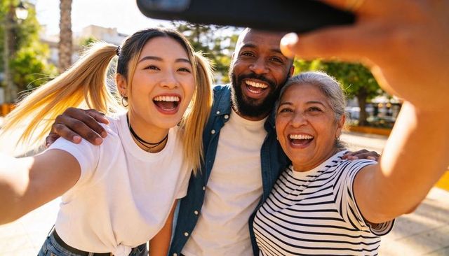 Multigenerational friends taking selfie laughing in sunny urban plaza with smartphone