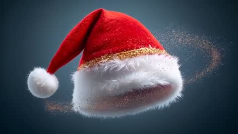 Rotating Santa Hat Revealing Gold Tinsel and Sparkling Halo Animation Velvet Fur Pompom Loop