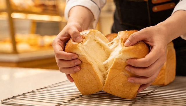 Baker pulling apart soft golden milk bread loaf revealing fluffy stretchy crumb