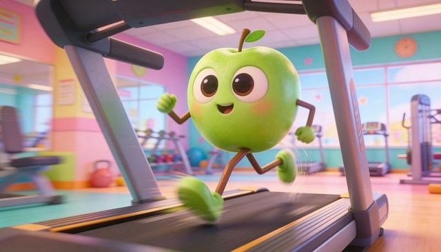 Playful green apple mascot running on treadmill wearing sneakers, gloves in pastel gym