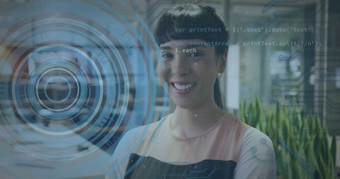 Businesswoman Facing Abstract Digital Technology Overlay