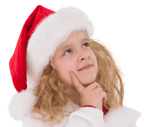 Transparent Background: Curious Little Girl Wearing Santa Hat Thinking