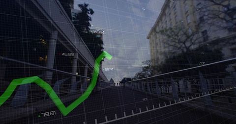 Rising green financial arrow over moody urban walkway showing market rebound and analytics