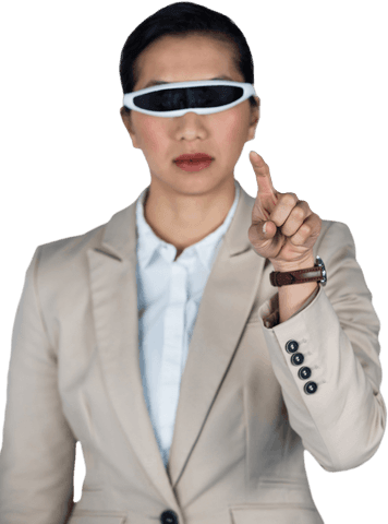 Transparent businesswoman using virtual reality glasses pointing forward