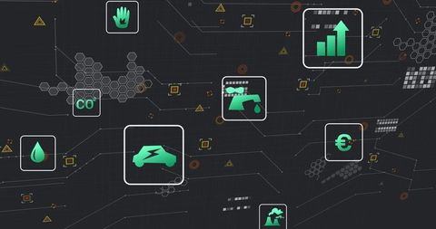 Digital interface display featuring green electric vehicle and sustainability icons