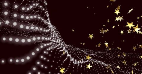 Luminous white bokeh ribbon flowing across maroon backdrop scattering metallic gold stars
