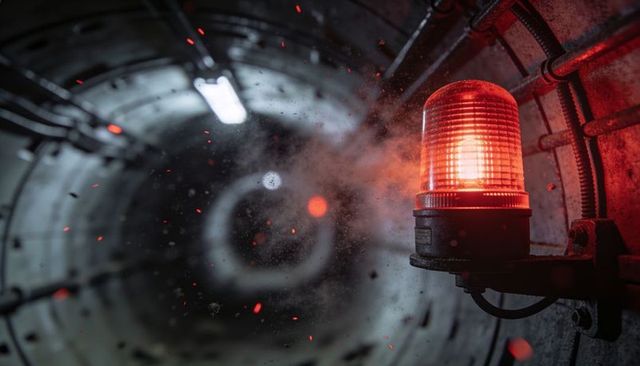 Red alarm beacon casting dramatic glow in industrial tunnel with sparks and smoke
