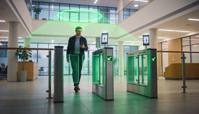 Businessman Passing Smart Security Turnstile in Futuristic Office Lobby Using Smartphone
