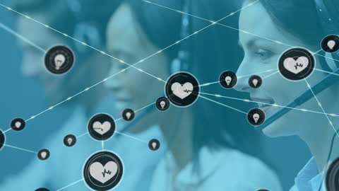 Business Team with Headsets Connected by Digital Network