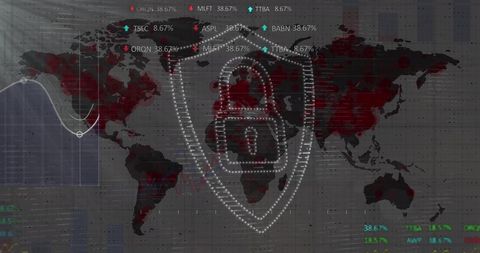 Cybersecurity Lock with Stock Market Data on World Map