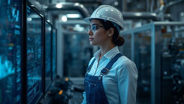 Female Engineer Inspecting Touchscreen Monitors in Smart Factory Control Room Industry 4.0