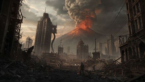 Dystopian Futurism: Lone Survivor Amid Eruption and Rubble