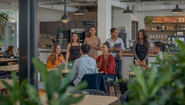 Coworkers Collaborating in Modern Office Kitchen Communal Workspace