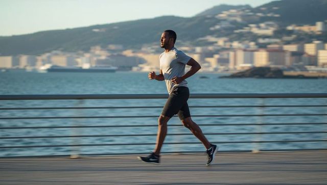 Male runner jogging along waterfront boardwalk at sunrise with urban harbor skyline