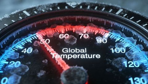 Global temperature gauge showing rising heat with frosted dial and red needle close-up