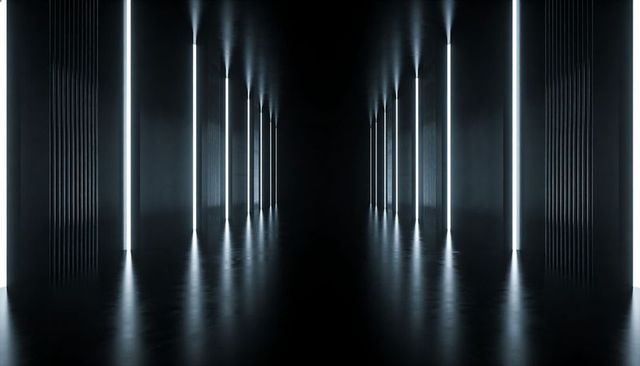 Symmetrical LED Corridor Leading to Vanishing Point, Reflective Floor and Ribbed Panels