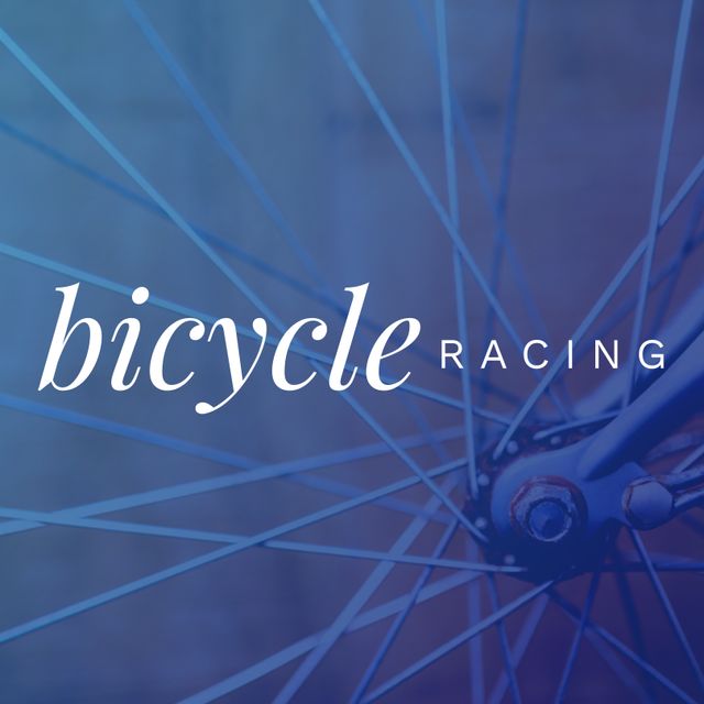 This image features the text 'Bicycle Racing' in white over a close-up of a blue bicycle wheel with spokes against a blue background. It is ideal for promoting cycling events, sports newsletters, or fitness-related publications. It can also be used in posters, flyers, and social media posts related to bicycle racing and cycling.