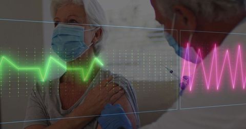 Elderly woman receiving medical injection with ecg overlay