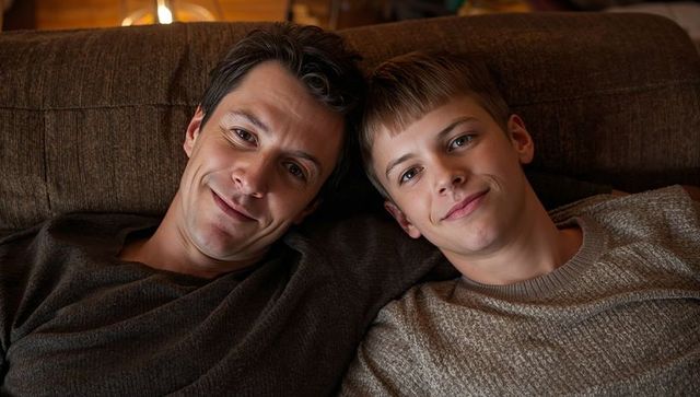 Father and teen son relaxing on couch sharing cozy evening bonding and warmth