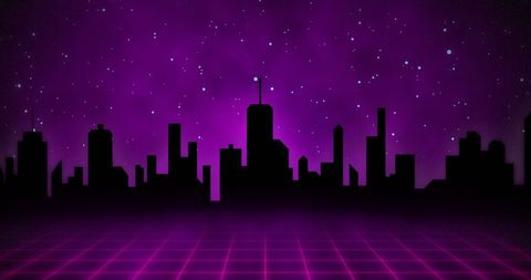 Retro Futuristic Cityscape with Purple Digital Skyline