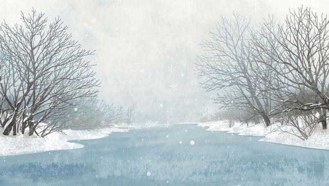 Flowing icy-blue river winding through snowy banks and bare trees with falling snow