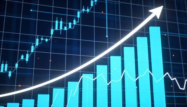 Turquoise bar chart showing financial growth with glowing upward arrow and candlesticks