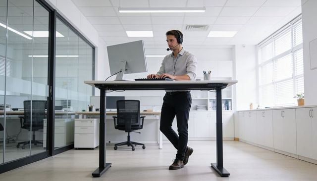 Young professional using adjustable standing desk with headset in bright modern office