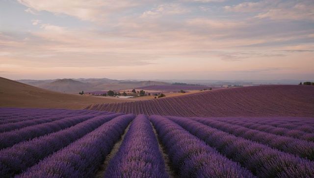 Lavender Fields at Sunrise Spreading Across Rural Landscape