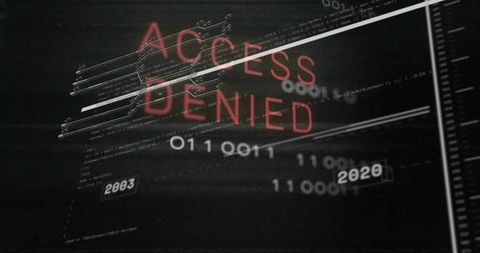 Access denied cyber security hud with binary stream, glitch effects, data breach interface