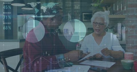 Senior Couple Analyzing Financial Documents with Data Overlay