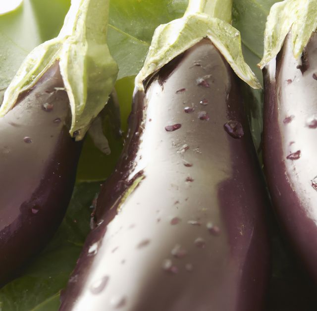 Close up of eggplants on green background created using generative ai technology. Vegetables, food and nutrition concept, digitally generated image.
