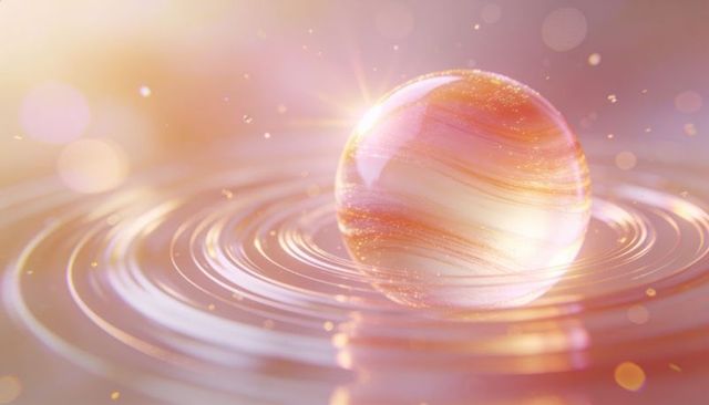 Glowing marbled glass sphere creating circular ripples with golden glitter and starburst