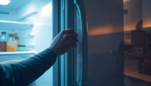 Opening refrigerator at night with hand gripping handle under cool blue interior light