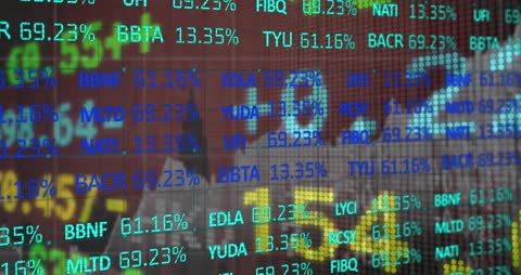 Digital Financial Data Display Against Urban Skyline