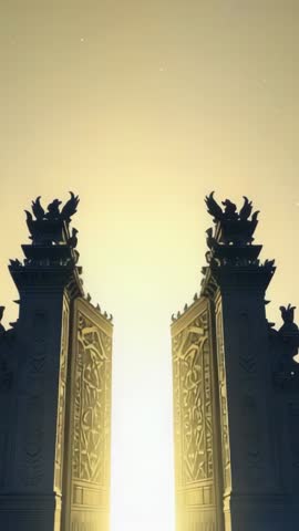 Opening Ornate Temple Gates to Golden Dawn - Vertical Cinematic Gateway