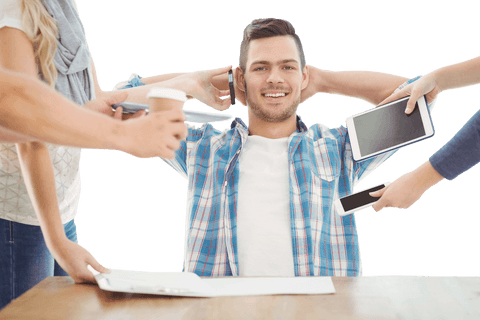 smiling man sitting relaxed surrounded by multiple gadgets transparent - Download Free Stock Videos Pikwizard.com