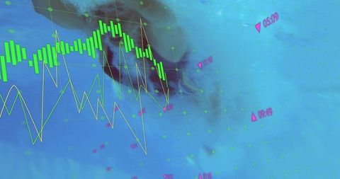 Displaying neon financial market charts overlaid on faint human face grid conveying volatility