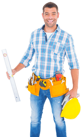 smiling manual worker in plaid shirt holding spirit level transparent - Download Free Stock Videos Pikwizard.com