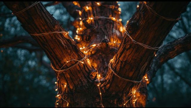 Illuminated tree branches adorned with warm fairy lights at dusk