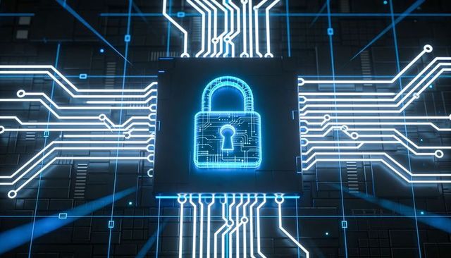 Glowing Cyan Padlock Protecting Circuit Board with Neon Data Traces for Cybersecurity