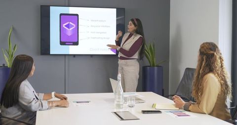 Diverse women presenting mobile app ui on screen in modern boardroom for team pitch