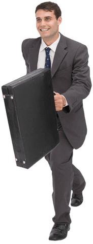 Cheerful Businessman in Suit Holding Briefcase on Transparent Background