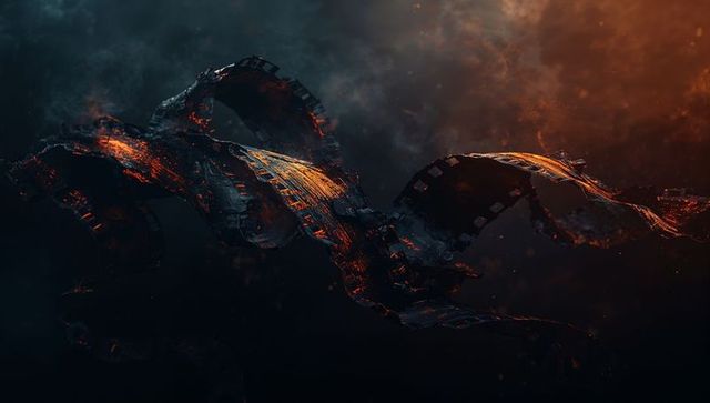 Twisting Fiery Filmstrip in Smoky Atmosphere