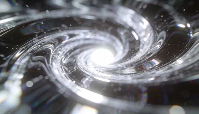 Spiraling glass vortex drawing toward bright core with translucent chromatic highlights