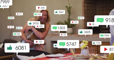 Smiling mother embracing daughter with social media elements overlay