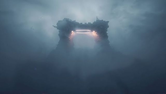 Glowing ruined arch emitting horizontal energy band in remote misty landscape