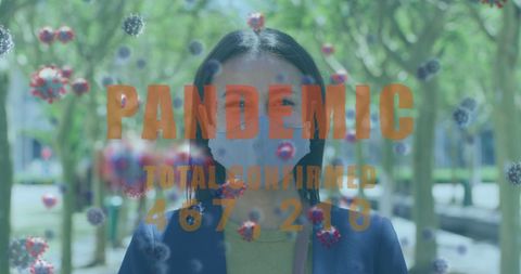 Woman wearing mask with pandemic confirmed cases overlay