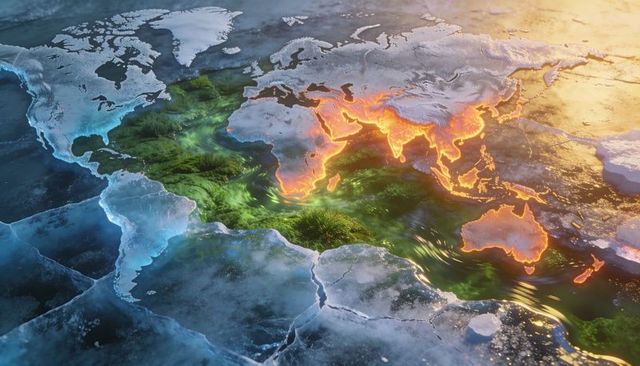 3D World Map Highlighting Frozen Ice Caps and Glowing Warm Coasts for Climate Contrast