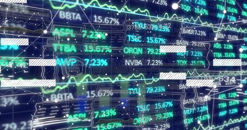 Futuristic stock market display with neon ticker symbols