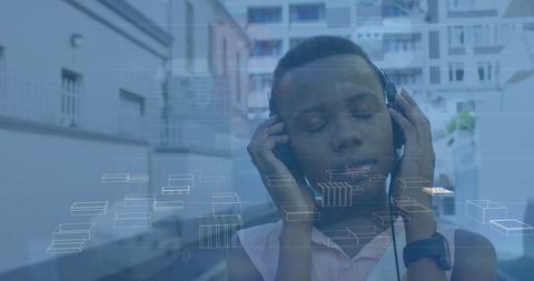 African American Woman Enjoying Music with Digital Data Overlay